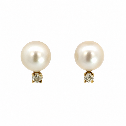Estate 14K Gold Cream Pearl Diamond Stud Earrings