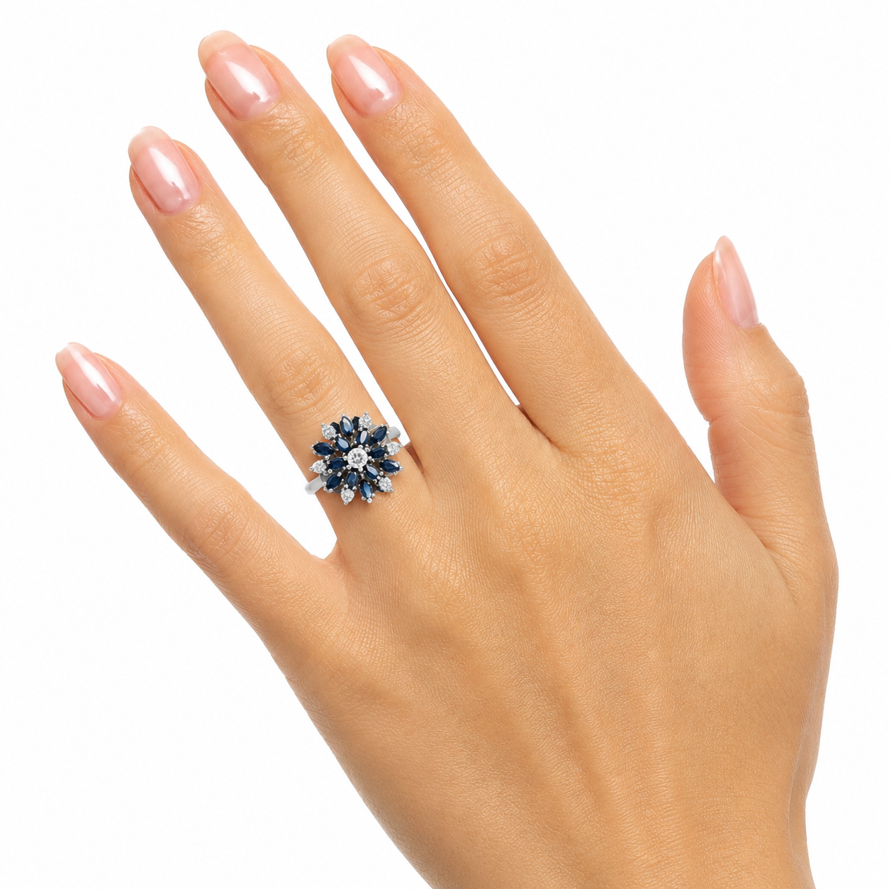 14K White Gold Sapphire Starburst Diamond Ring Vintage Estate