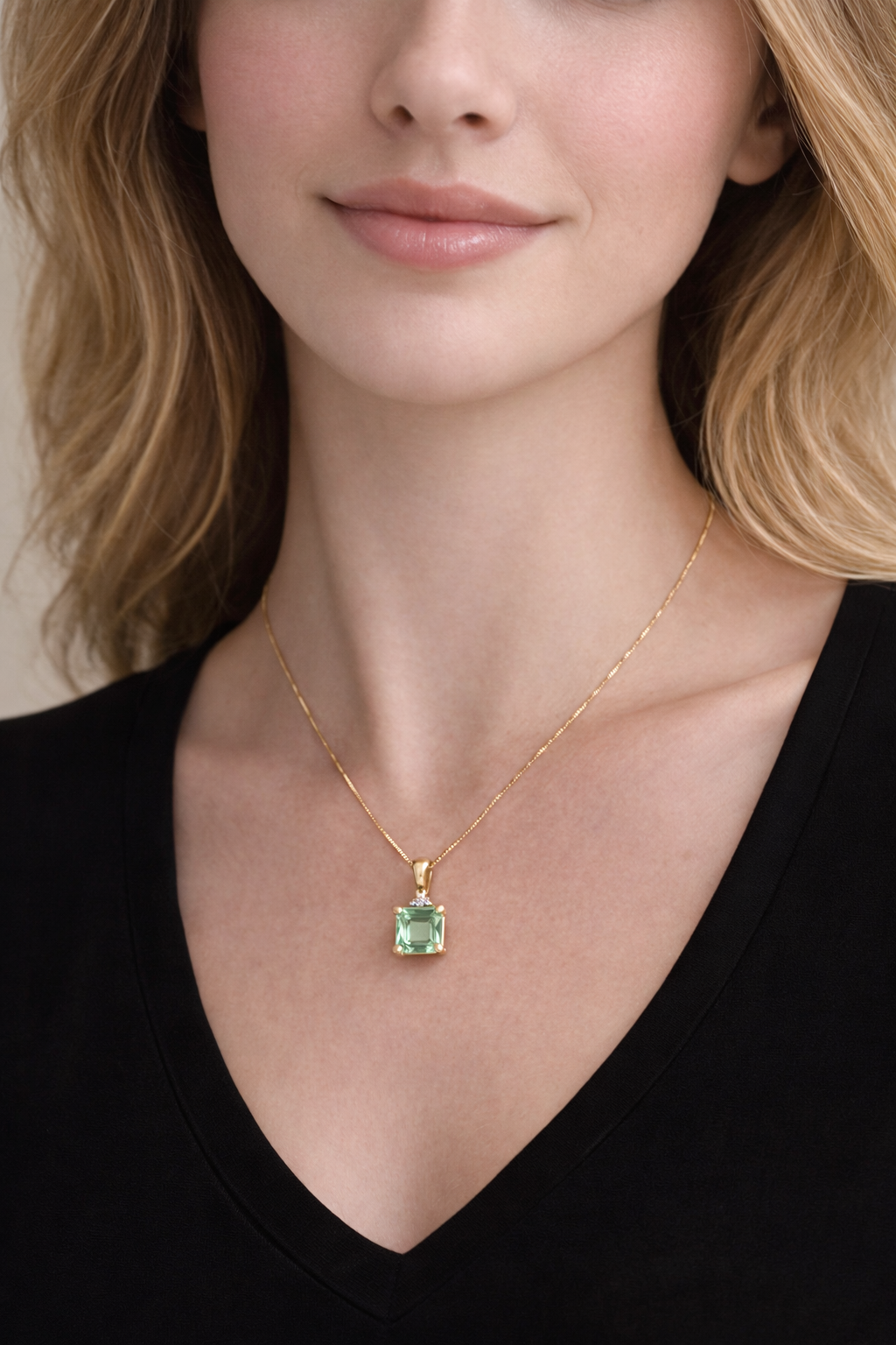 Square Cut Green Tourmaline & Diamond Pendant in 14K Yellow Gold