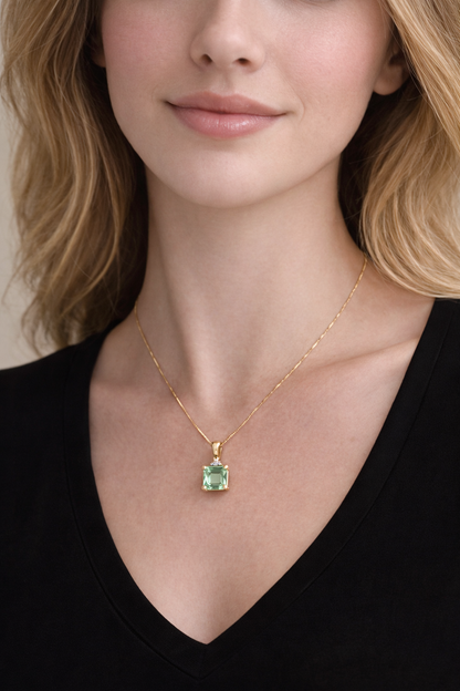 Square Cut Green Tourmaline & Diamond Pendant in 14K Yellow Gold