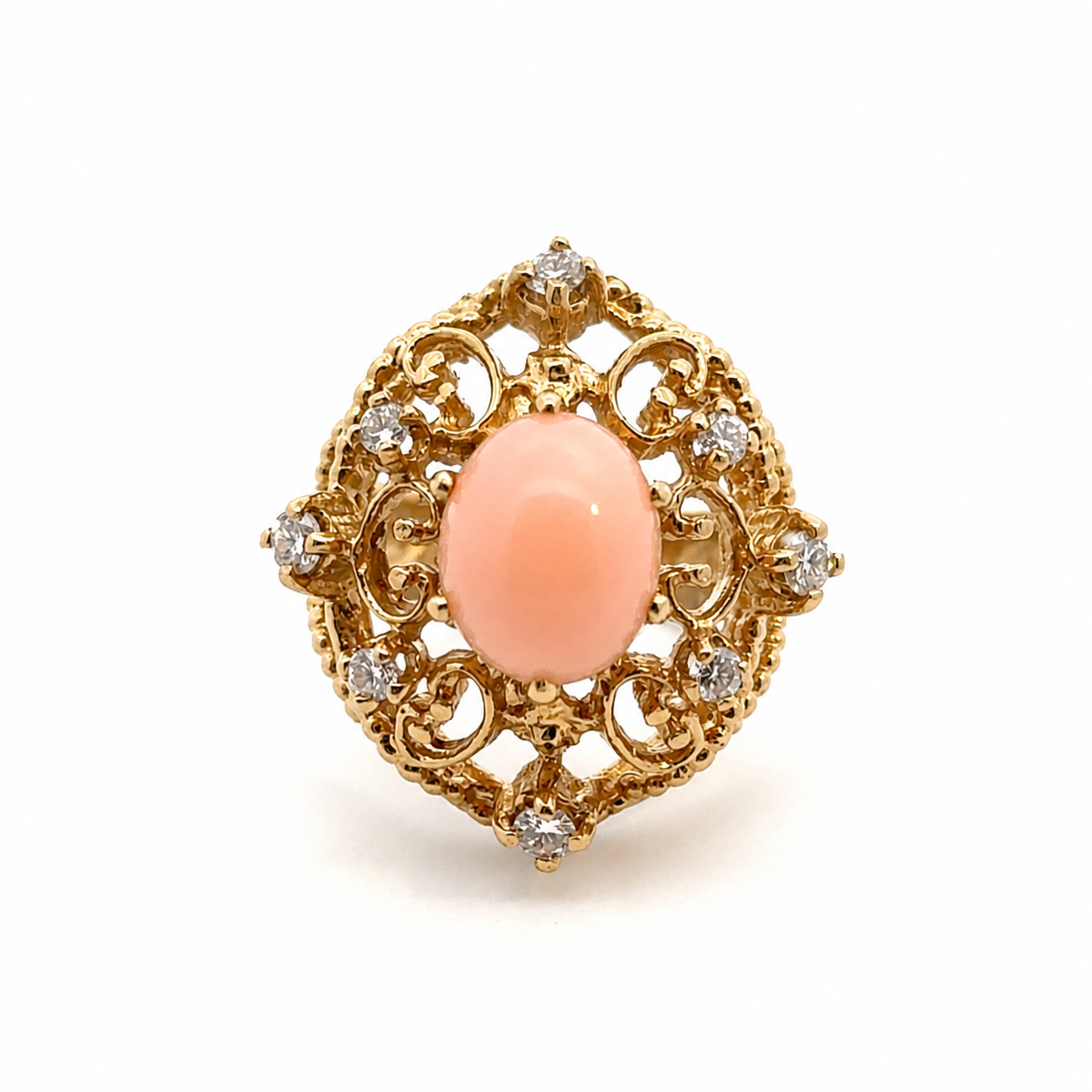 18K Yellow Gold Vintage Coral & Diamond Lacework Statement Ring