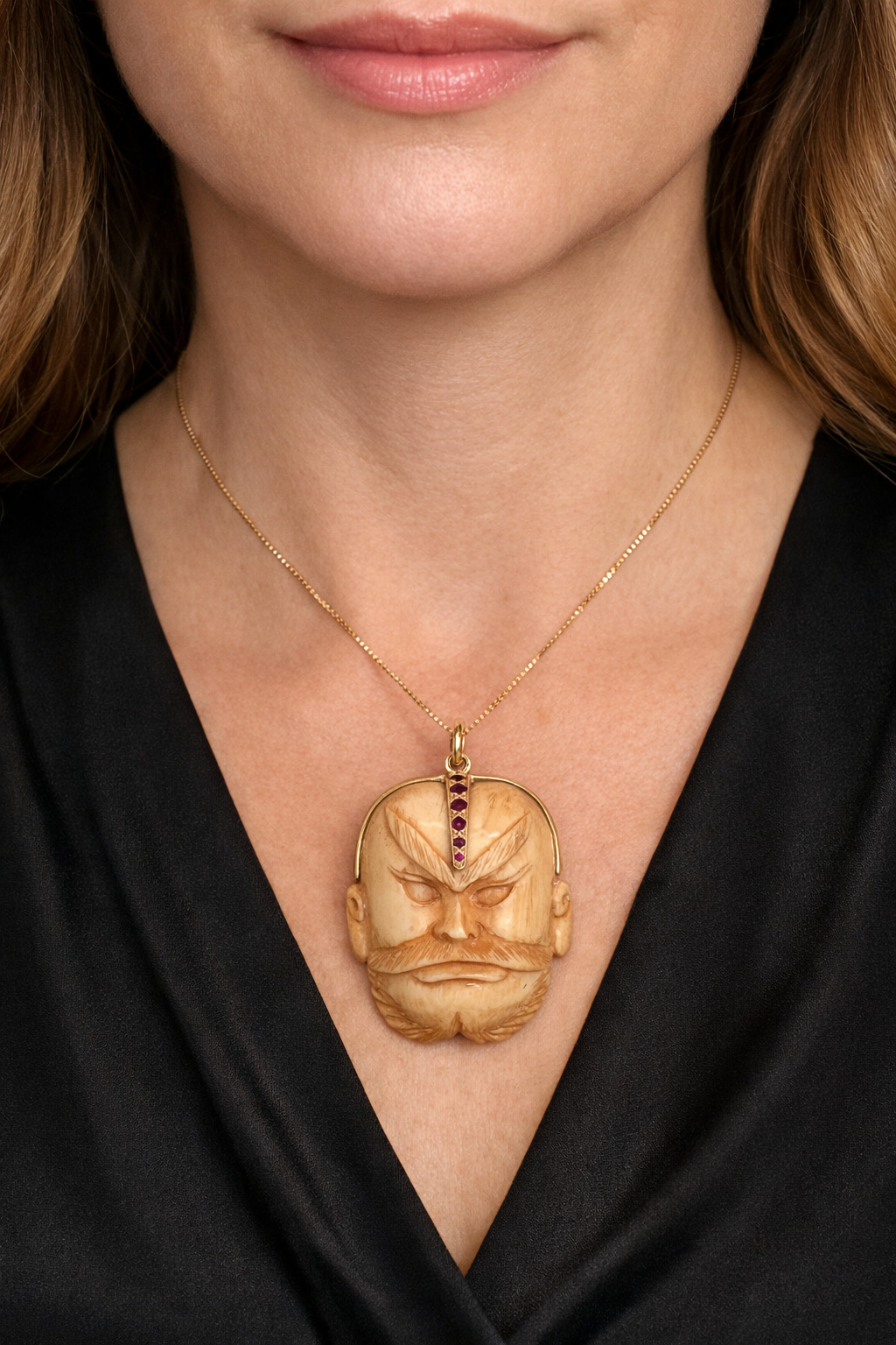Carved Ivory Warrior Mask Pendant in 14K Gold with Rubies