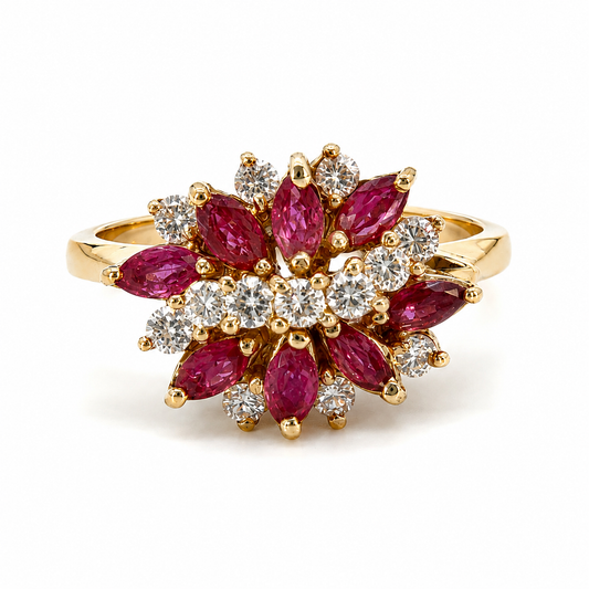 14K Yellow Gold Ruby & Diamond Floral Cluster Ring