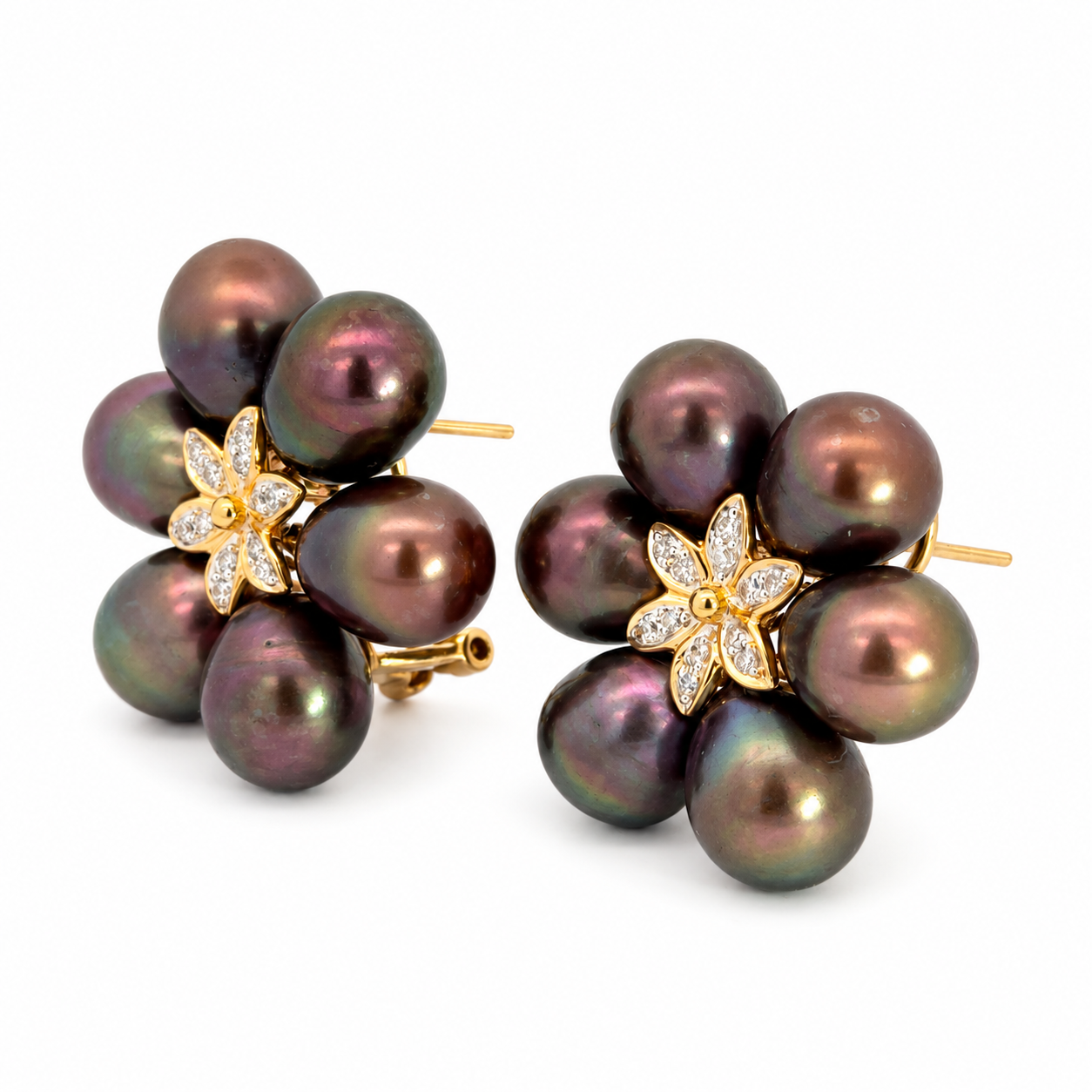 14K Yellow Gold Oval Black Pearl Flower Earrings