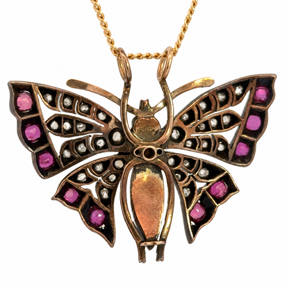 Vintage Yellow Gold Ruby, Diamond & Pearl Butterfly Pendant – Victorian Style