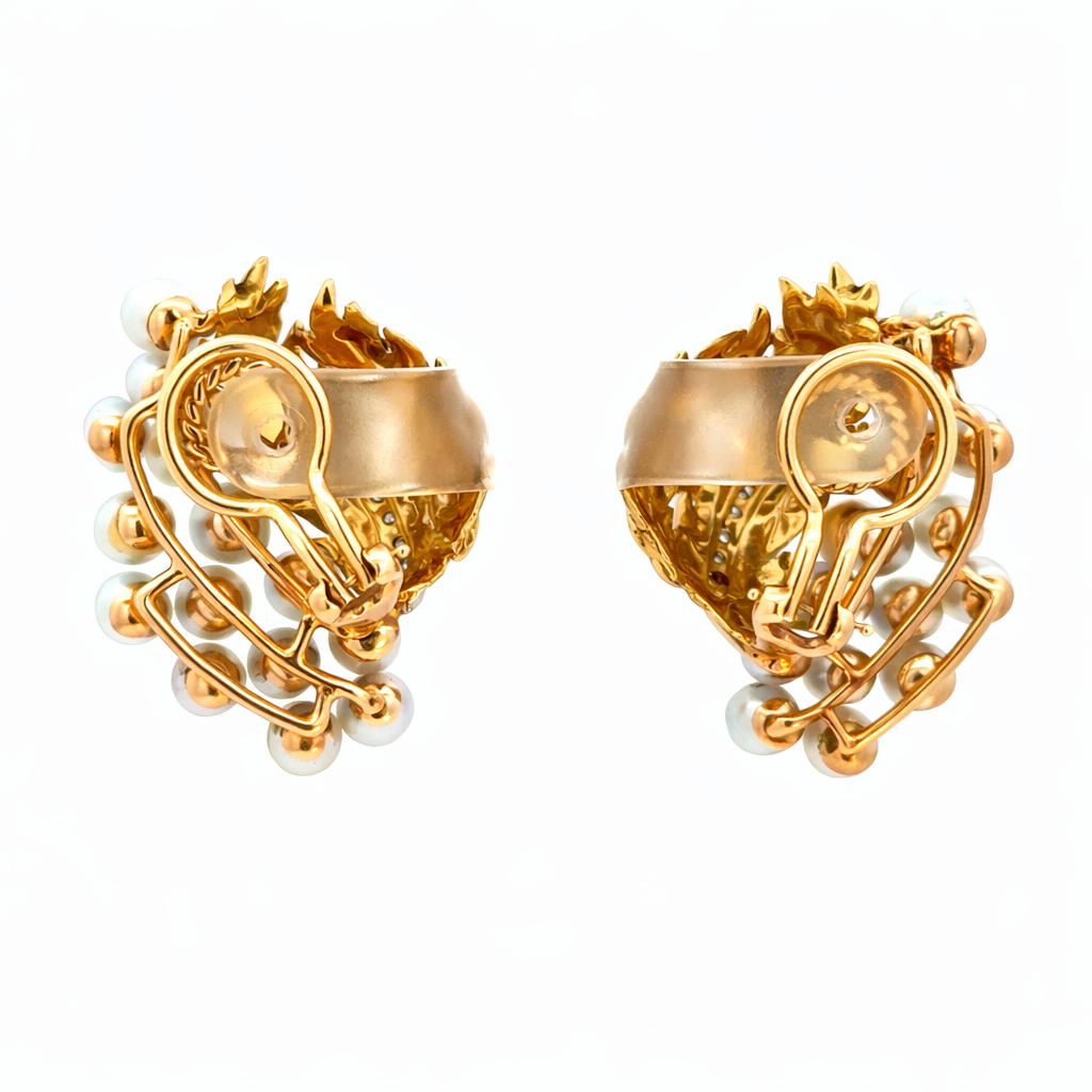 Vintage 14K Gold Diamond & Pearl Leaf Clip-On Earrings