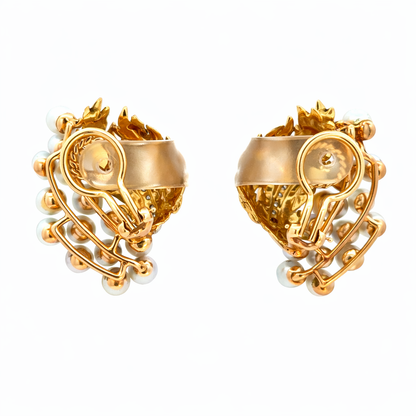 Vintage 14K Gold Diamond & Pearl Leaf Clip-On Earrings