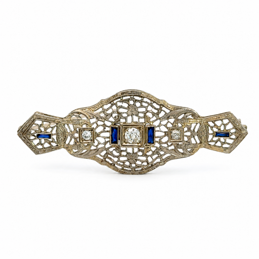 Antique 14K White Gold Diamond & Sapphire Filigree Bar Pin