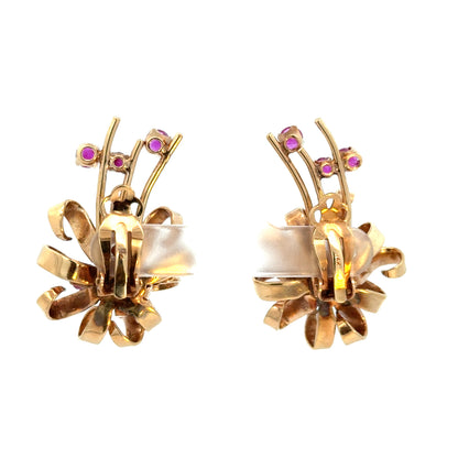 Vintage Retro 14K Rose Gold Ruby Floral Ribbon Clip-On Earrings