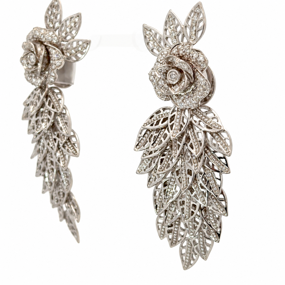 18K White Gold Diamond Rose & Cascading Foliage Earrings