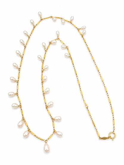 14K Yellow Gold Chain Necklace with Oval Pearl Drops