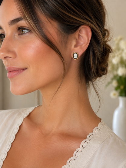 Yellow Gold Shell Cameo & Black Onyx Earrings