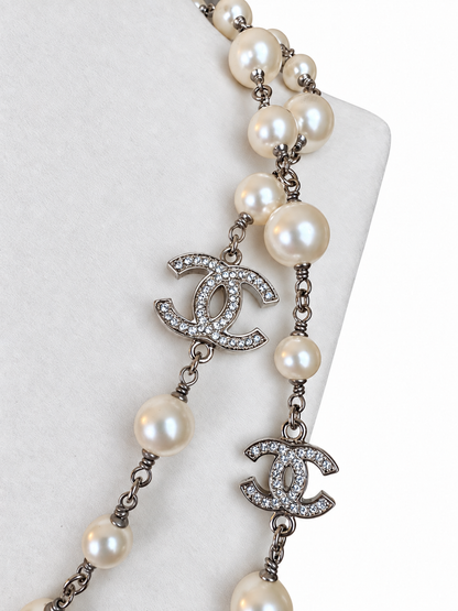CHANEL A36121 Long Glass Pearl & Crystal Five CC Sautoir Necklace 42” with Original Box