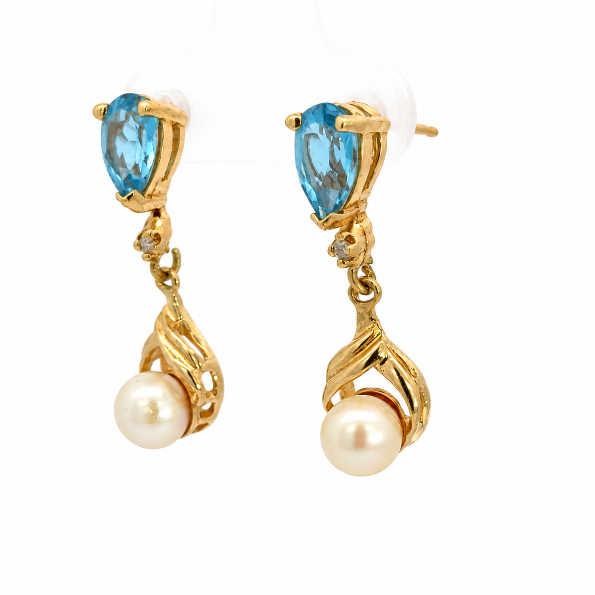 14K Yellow Gold Blue Topaz & Pearl Drop Earrings