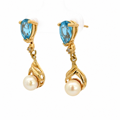 14K Yellow Gold Blue Topaz & Pearl Drop Earrings