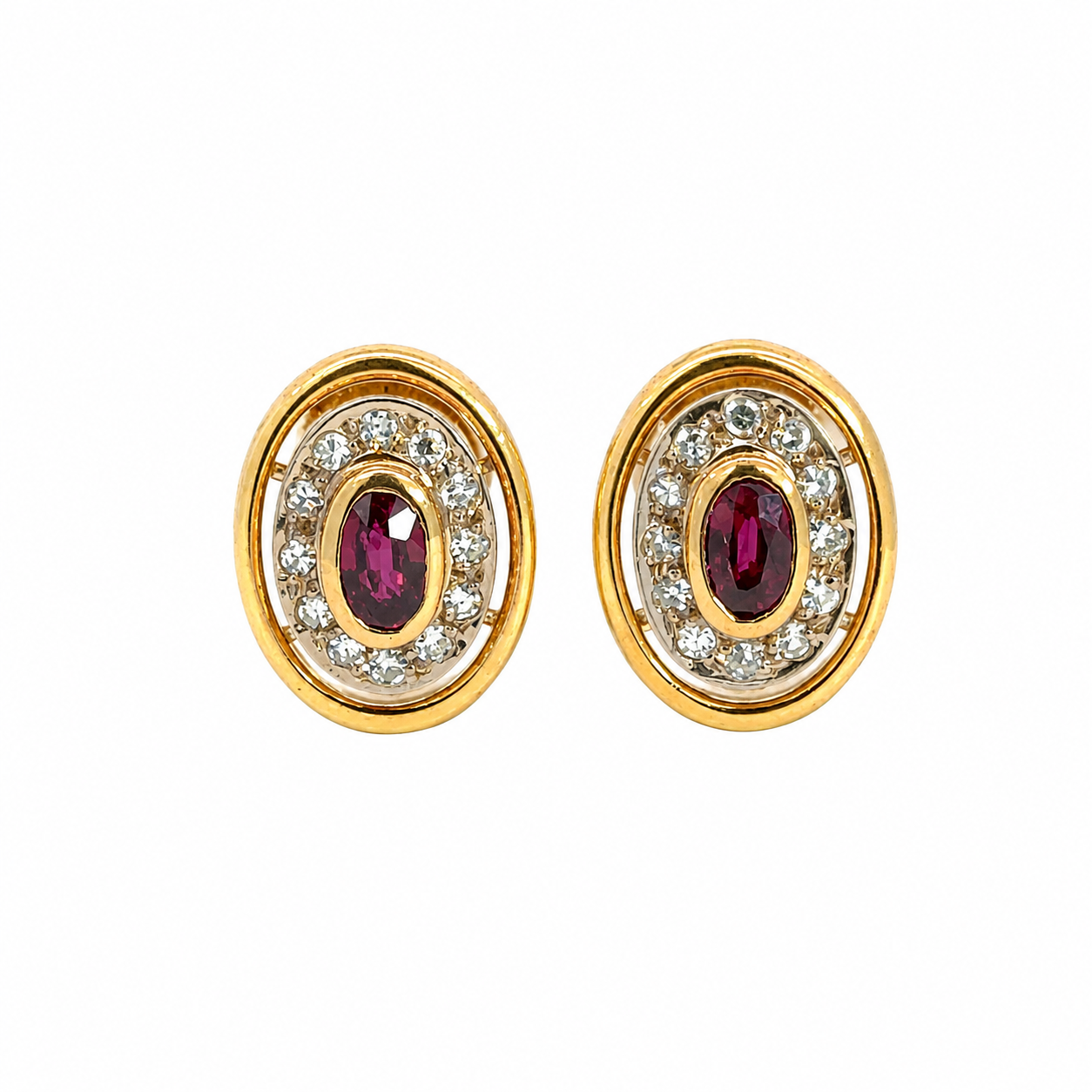 Vintage Magenta Ruby & Diamonds Oval Earrings in 18K Gold
