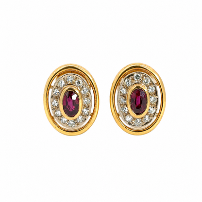 Vintage Magenta Ruby & Diamonds Oval Earrings in 18K Gold