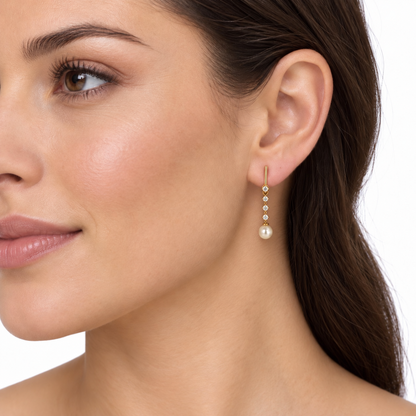 14K Yellow Gold Diamond & Pearl Articulated Drop Earrings
