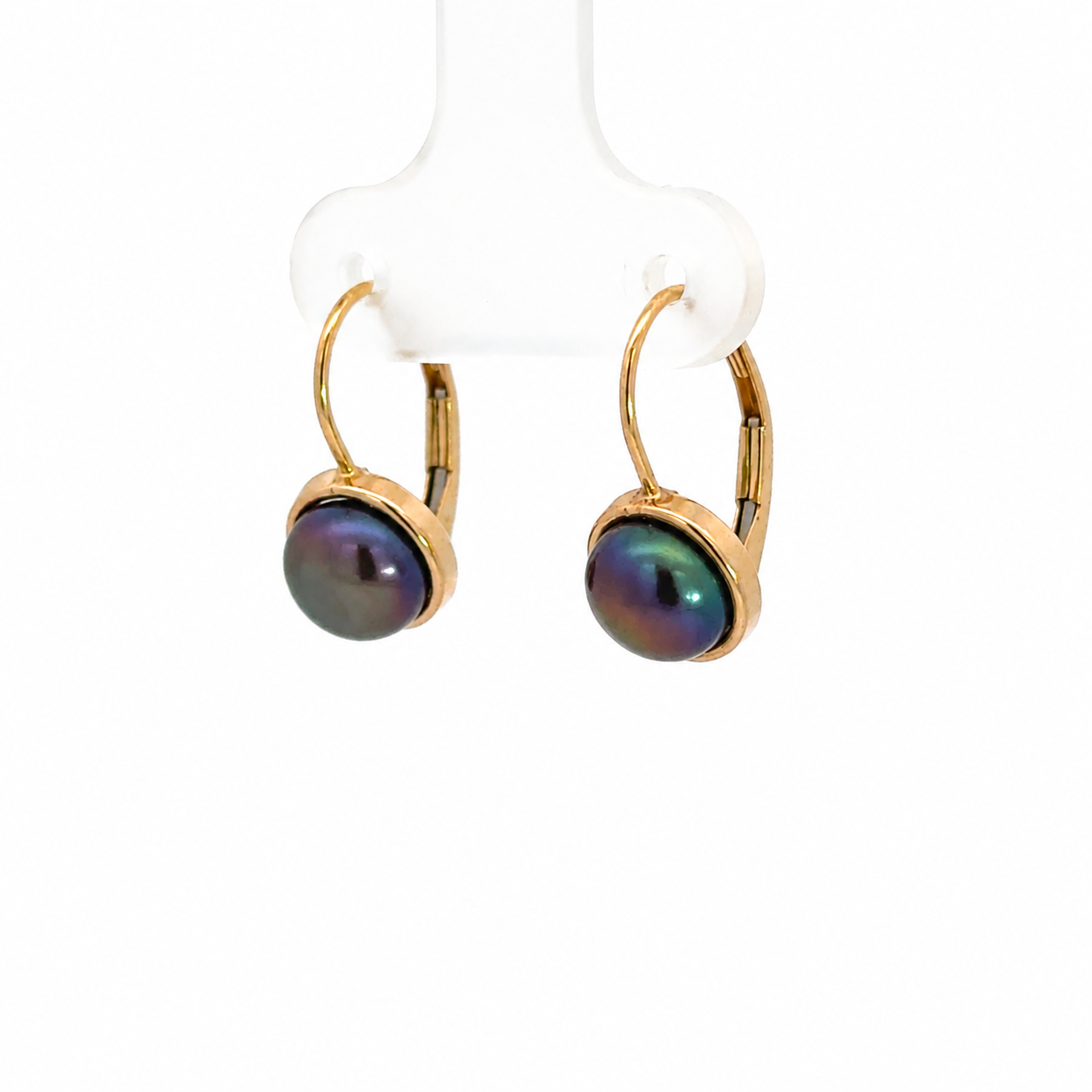 14K Yellow Gold Blue Pearl Leverback Earrings