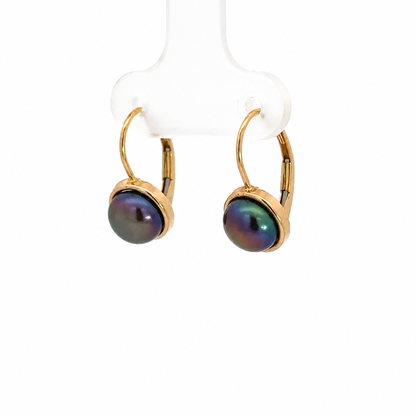 14K Yellow Gold Blue Pearl Leverback Earrings