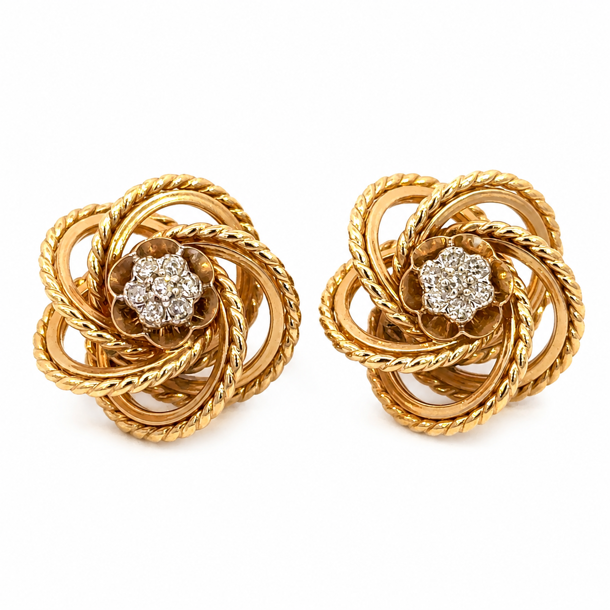 Vintage 14K Yellow Gold Diamond Spiral Flower Earrings