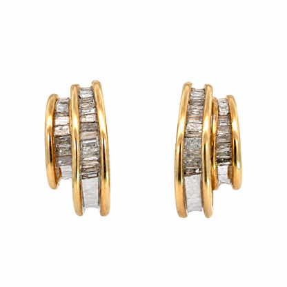 14K Yellow Gold Baguette Diamond Double Hoop Earrings