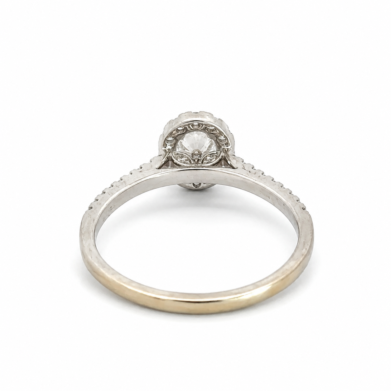 14K White Gold Lab-Grown Oval Diamond Halo Ring with Leaf Detail