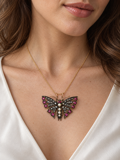 Vintage Yellow Gold Ruby, Diamond & Pearl Butterfly Pendant – Victorian Style