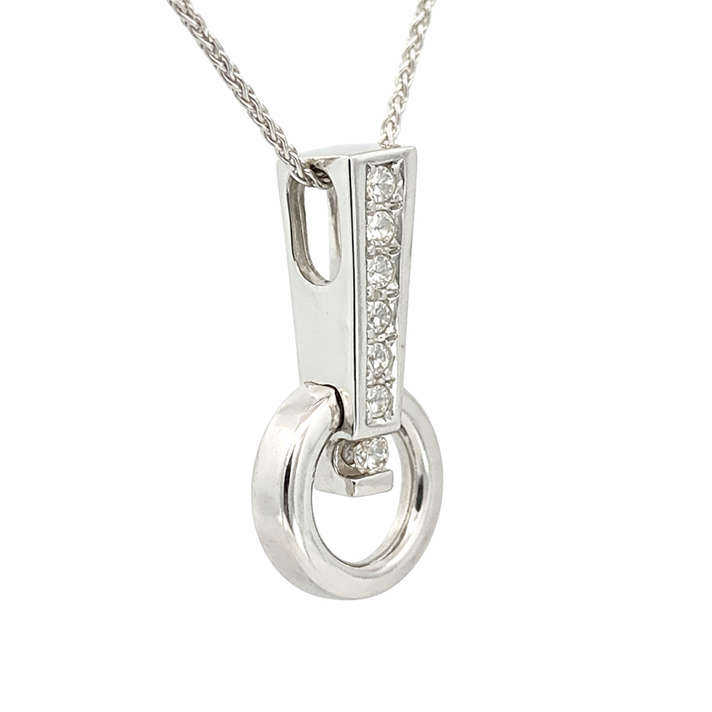 14K White Gold Diamond Bar & Circle Pendant Necklace