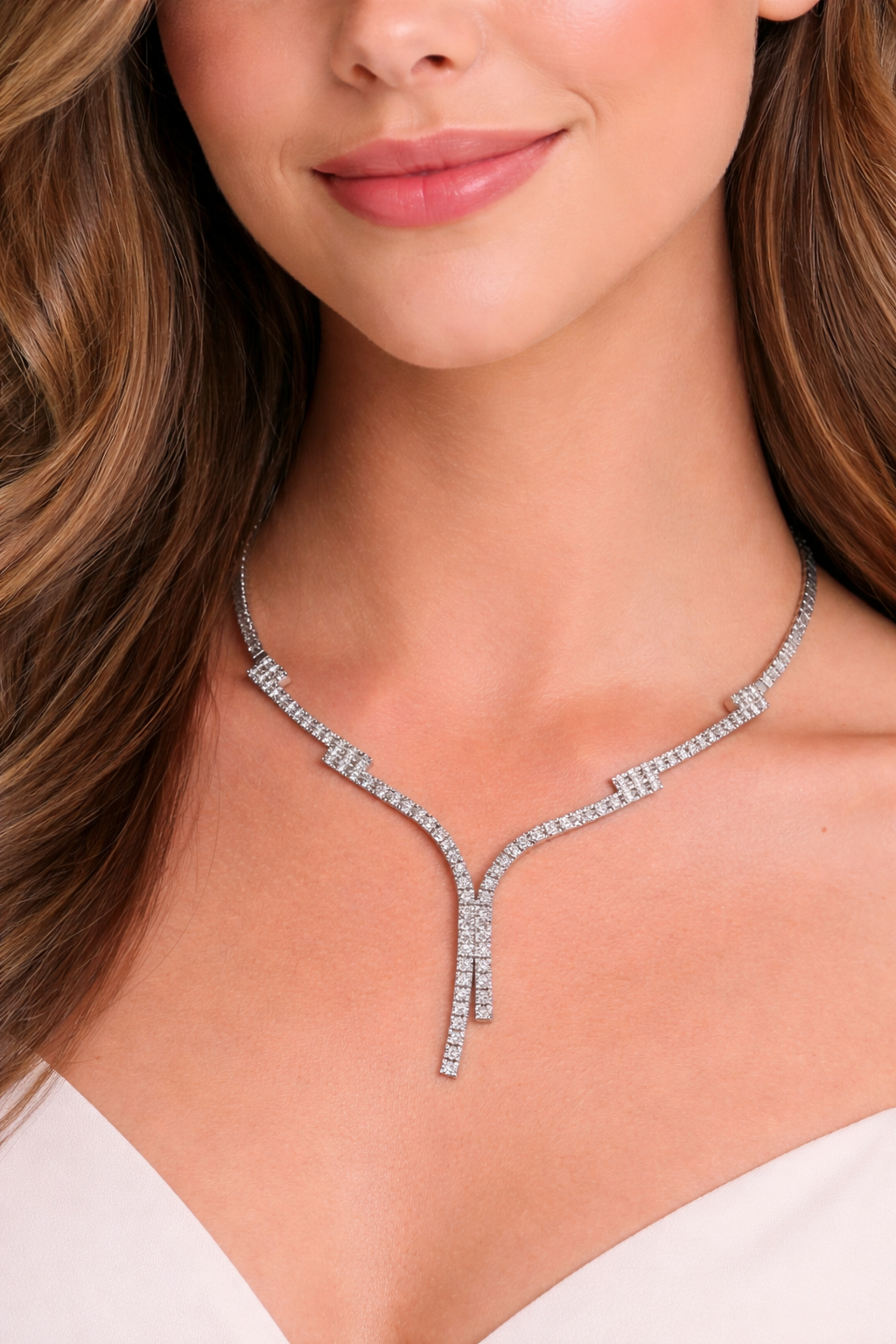 Diamond Fringe Drop Necklace 18K White Gold