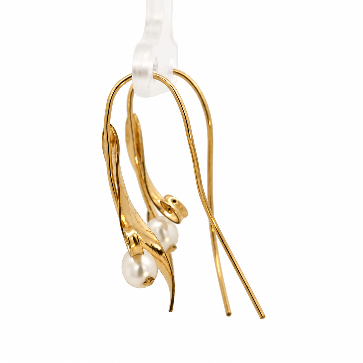 14K Yellow Gold Cultured Pearl Sculptural Leaf Drop Earrings