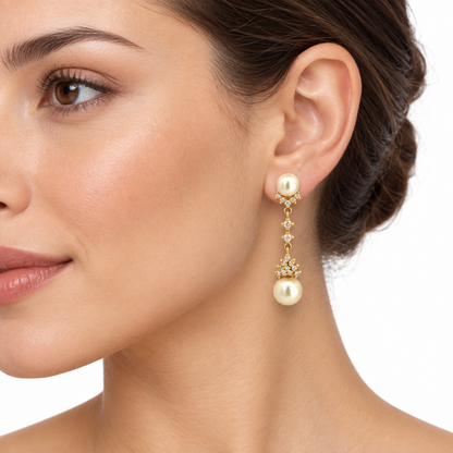 14K Gold Diamond Cluster & Pearl Drop Earrings