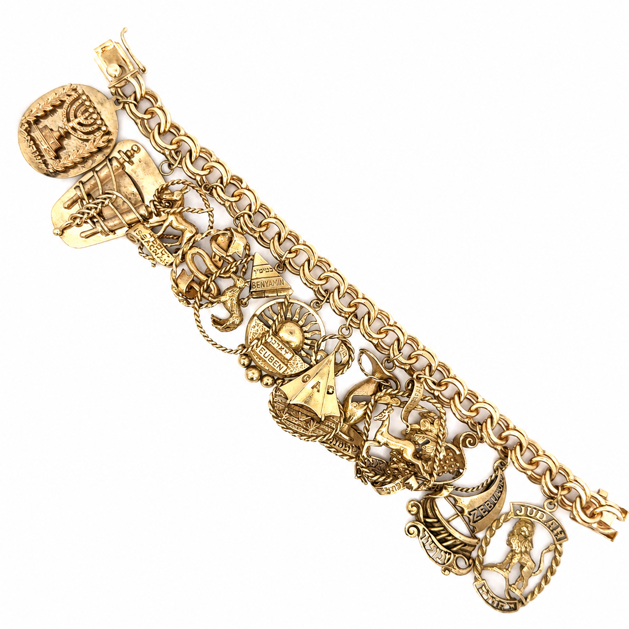 Vintage 14K Yellow Gold Twelve Tribes of Israel Charm Bracelet with 12 Large Gold Charms