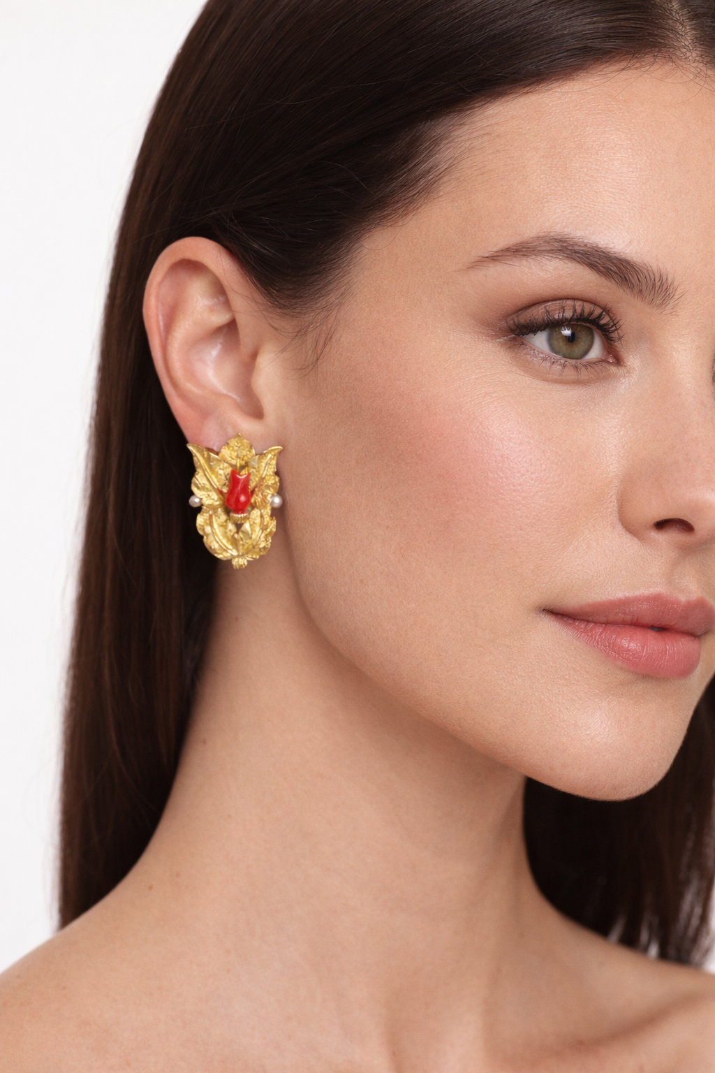 18K Yellow Gold Textured Leaf Clip-On Earrings with Coral Tulips & Pearls