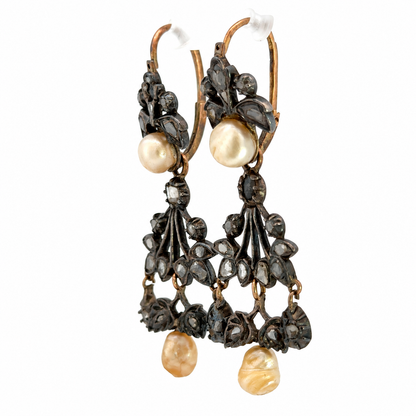 Antique 19th-Century Rose-Cut Diamond & Baroque Pearl Girandole Earrings