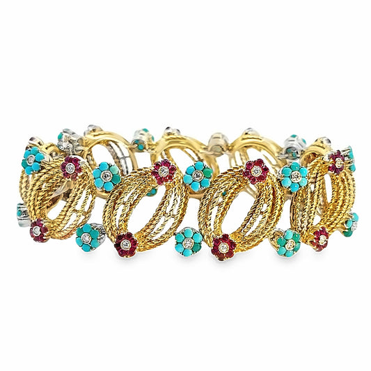 Estate 18K Turquoise, Ruby & Diamond Bracelet