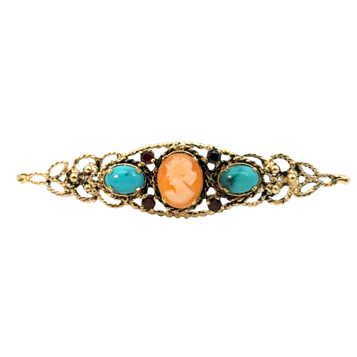 14K Yellow Gold Turquoise & Garnet Cameo Brooch