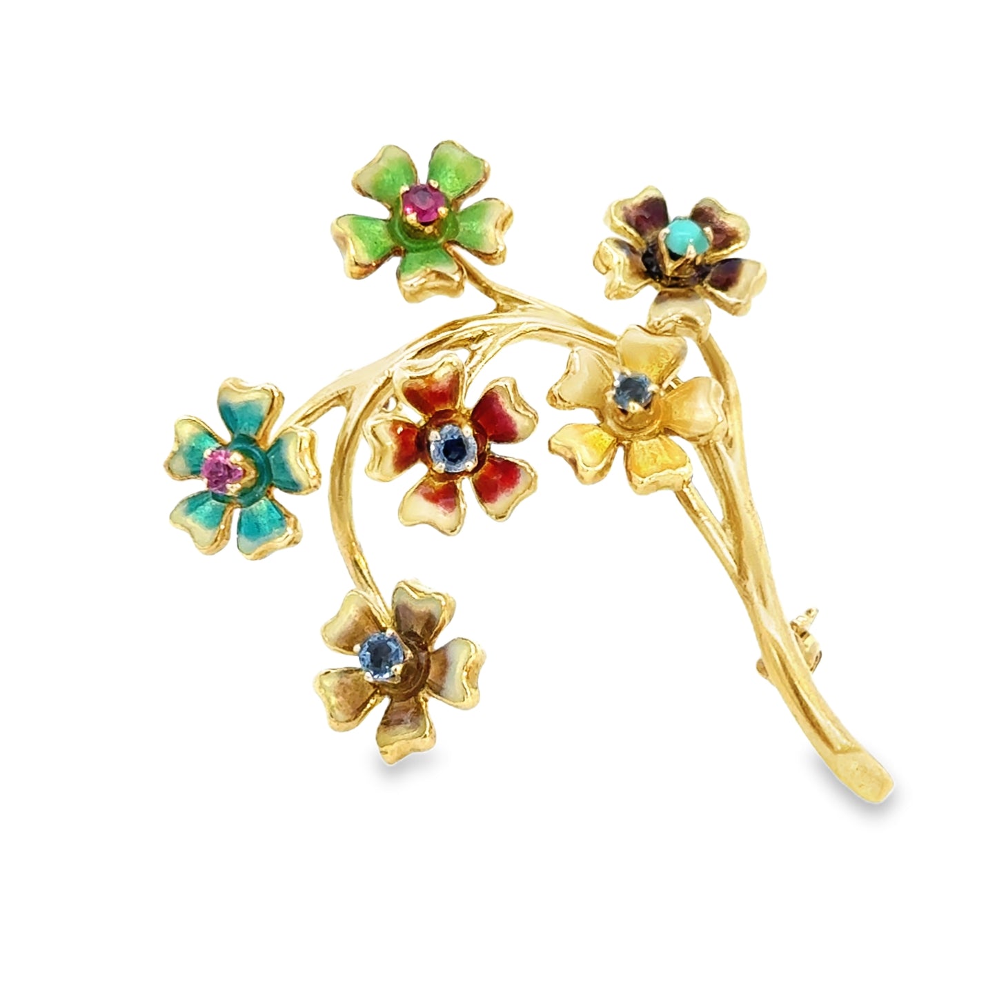 18K Yellow Gold & Enamel Delicate Flower Brooch