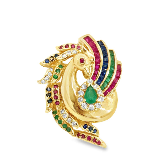 14K Yellow Gold Multi-Stone & Diamond Peacock Brooch/Pendant