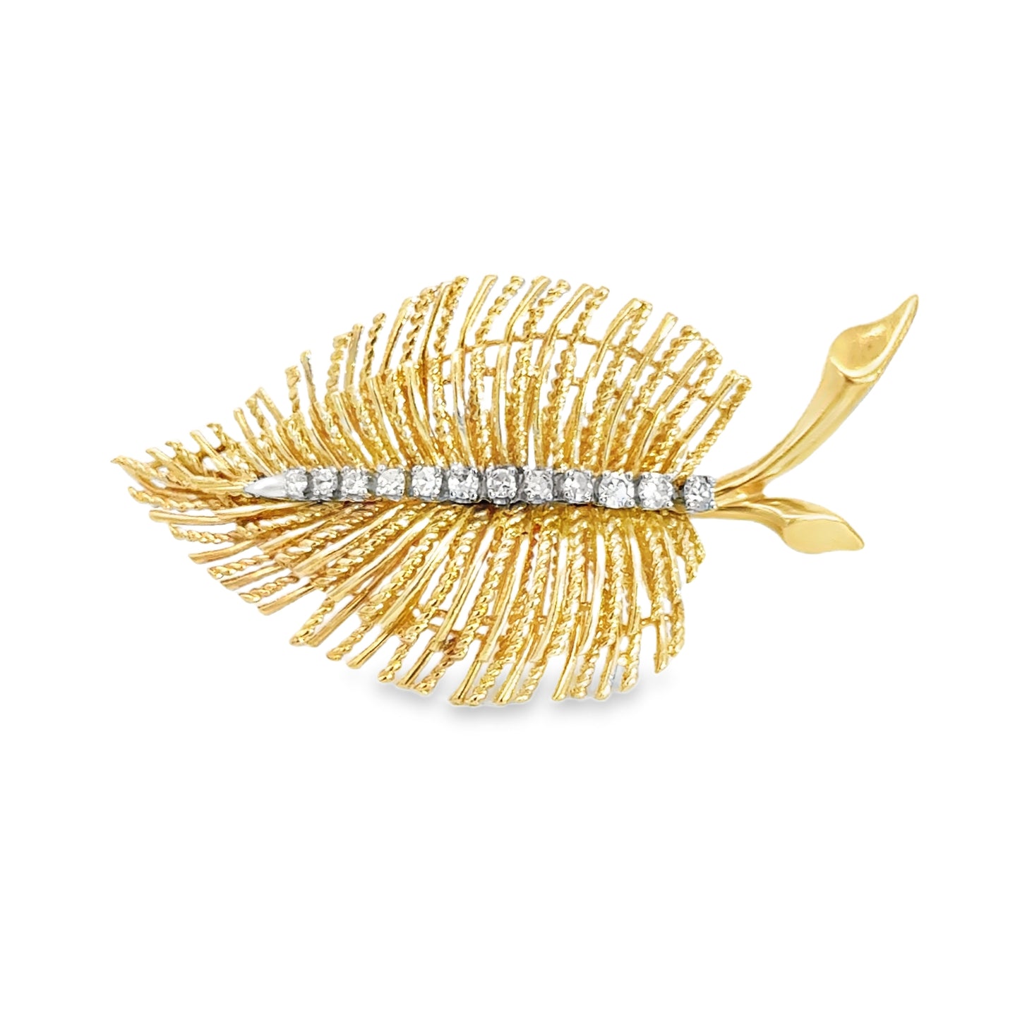 14K Yellow Gold & Diamond Delicate Leaf Brooch