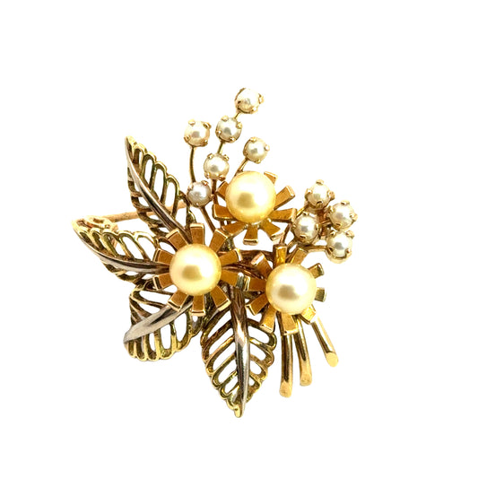 18K Yellow Gold & Pearl Bouquet Brooch