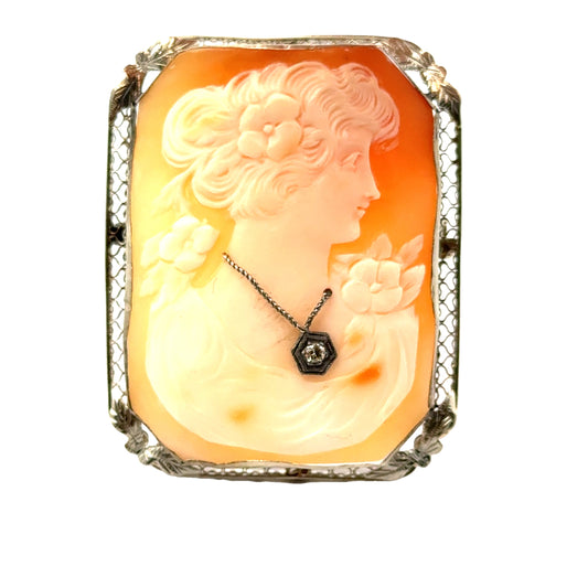 14K White Gold Woman with Diamond Necklace Cameo Brooch/Pendant