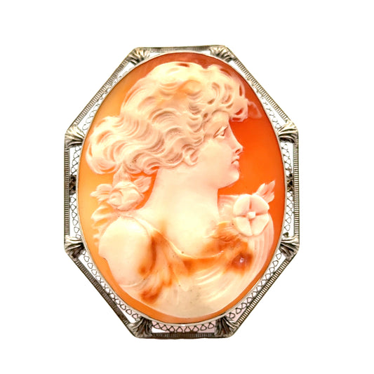 14K White Gold Hand-Carved Cameo Brooch/Pendant