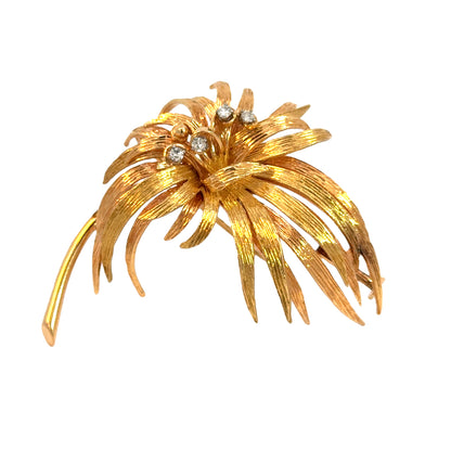 Elegant 18K Yellow Gold & Diamond Burst of Leaves Brooch