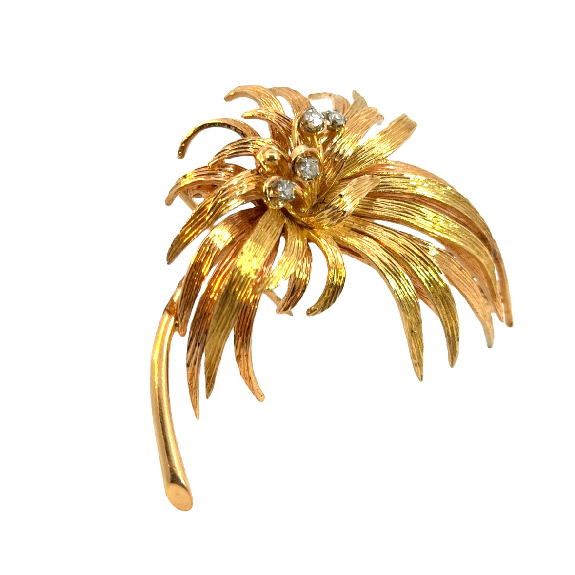 Elegant 18K Yellow Gold & Diamond Burst of Leaves Brooch