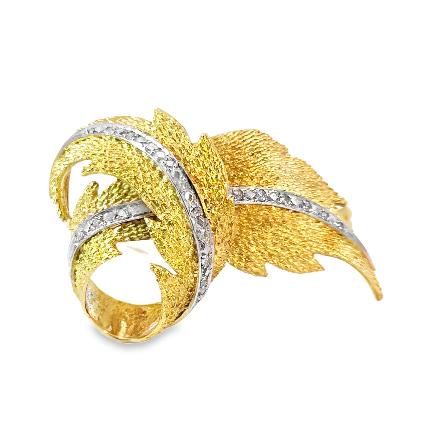 18K Yellow Textured Gold & Diamond Flowing Leaves Brooch