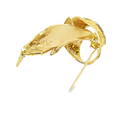 18K Yellow Textured Gold & Diamond Flowing Leaves Brooch