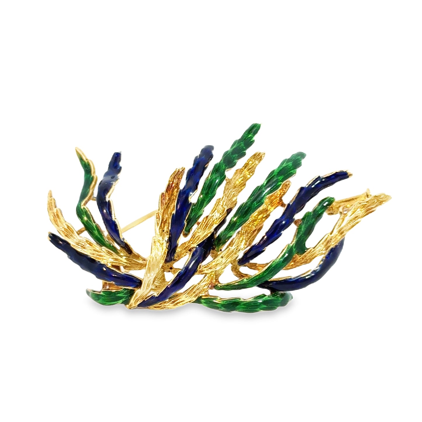 Vintage 18K Flowing Leaves Enamel Brooch