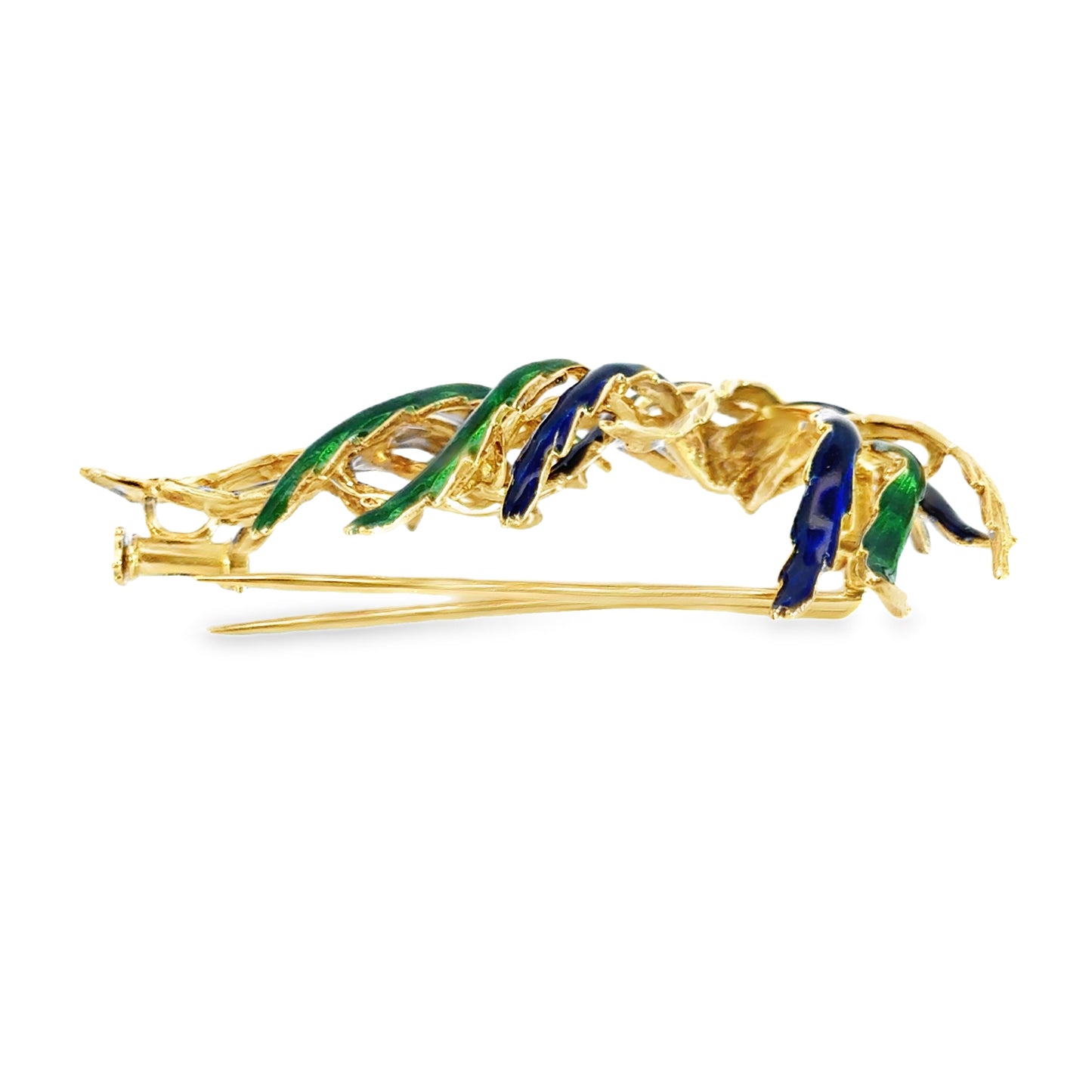 Vintage 18K Flowing Leaves Enamel Brooch