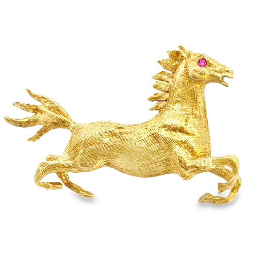 18K Yellow Gold & Ruby Galloping Horse Brooch